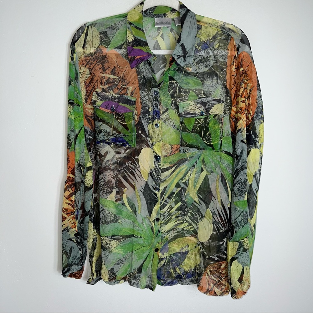 Chico's 100% Silk Button Front Blouse-Multicolor-Long Roll Tab Sleeves-Small